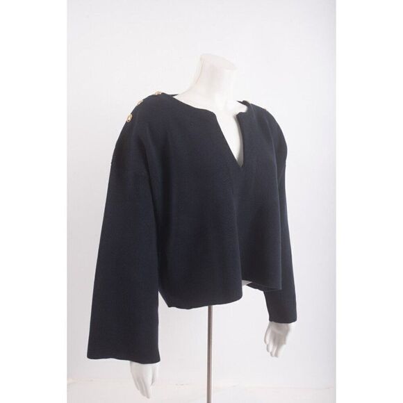 Massimo Dutti Womans Sweater Size M Navy Blue Gold Buttons V-Neck 5694/525 NWT - Picture 2 of 6